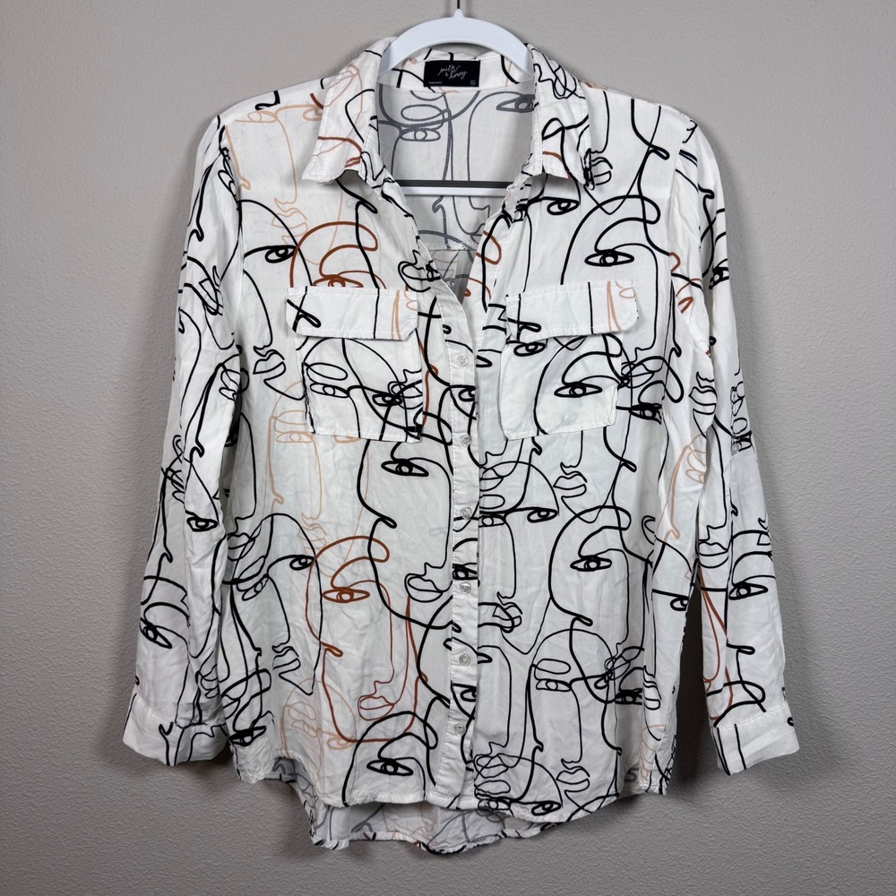 Milk & Honey Women's XL Abstract Face Line Art Button Up Shirt Lightweight